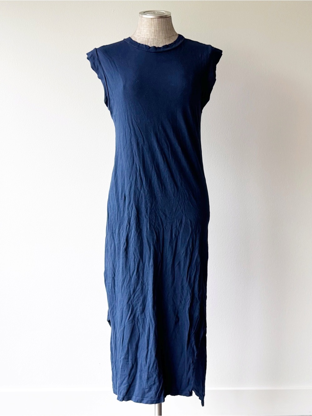 C&C California Dark Blue Long Cotton Dress with Cap Sleeves